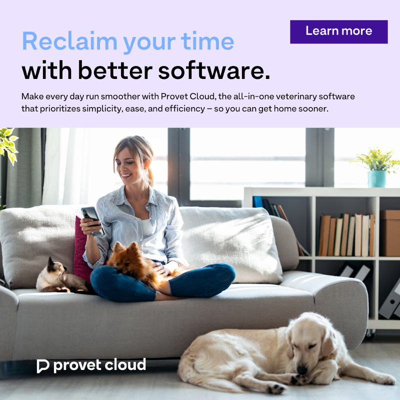 Veterinarian sits on couch at home with her pets